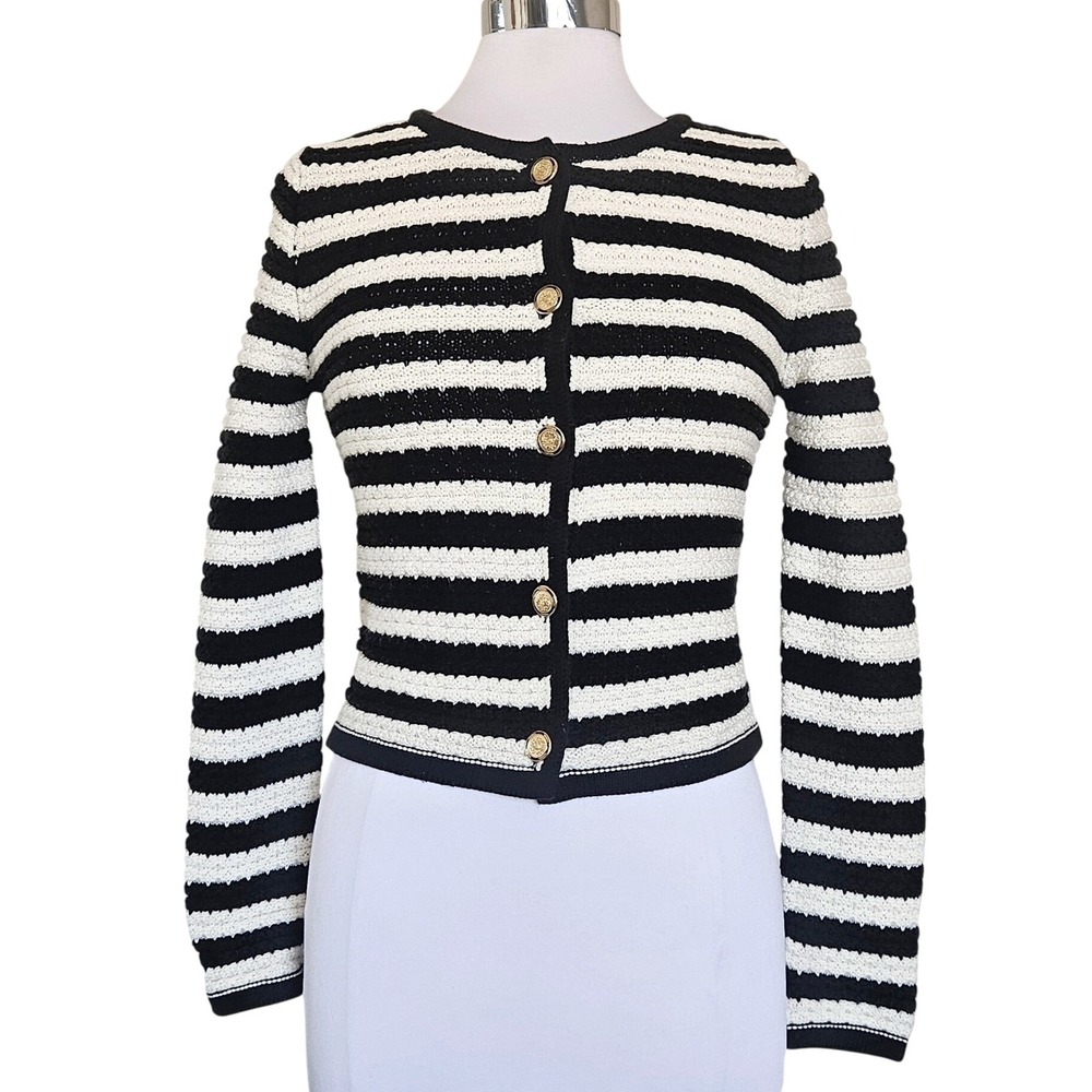 MANGO MNG Women's Jewel Buttons Striped Cardigan Size Small Fall Preppy - Picture 2 of 16
